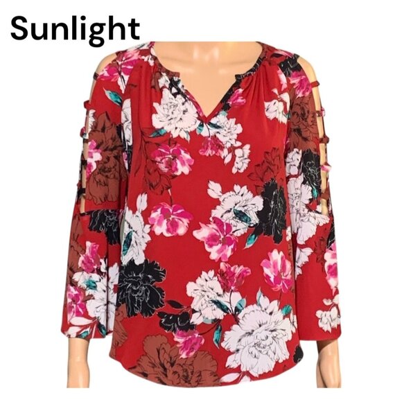 Jennifer Lopez Women SZ XL Red Floral Cold Shoulder Top Blouse V neck - Picture 1 of 14